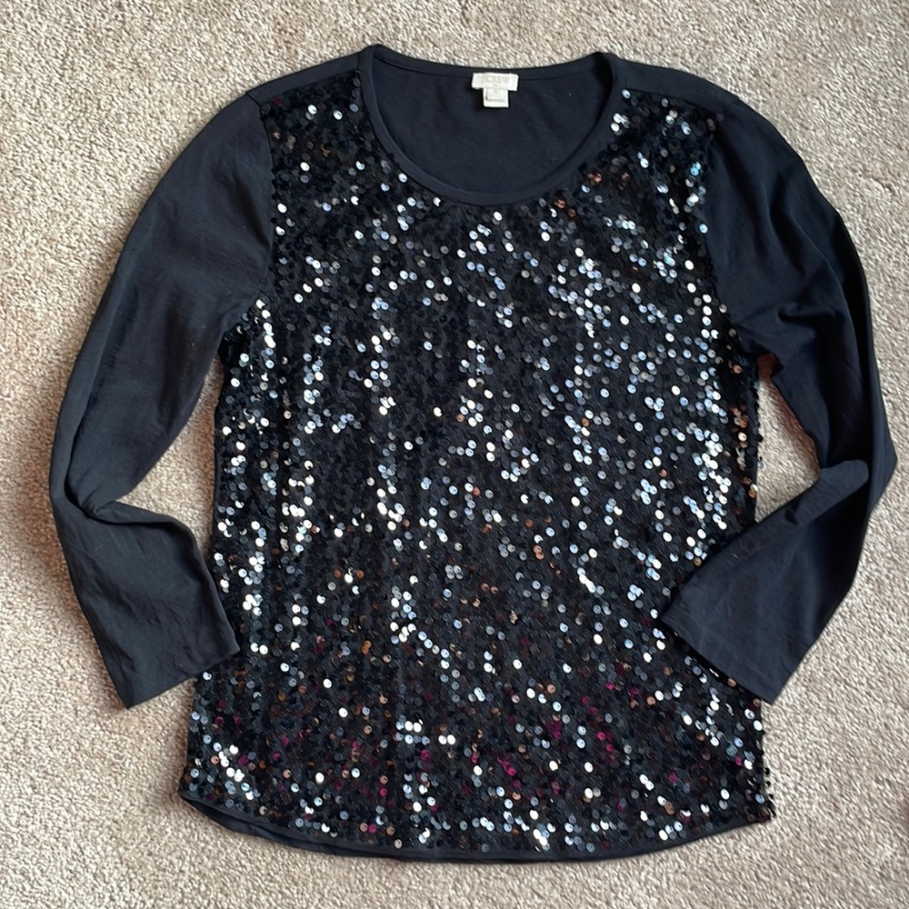 EUC J CREW Black Sequined front long sleeved Top, size Medium